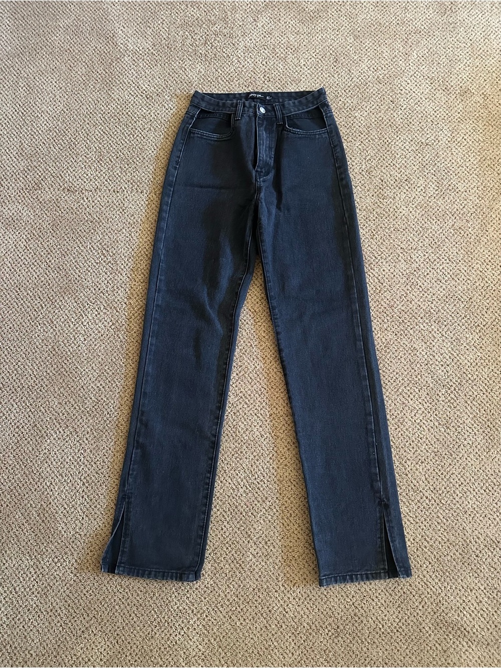 Nasty Gal Cutout Pockets Black Straight Leg Jeans with Hem Slits